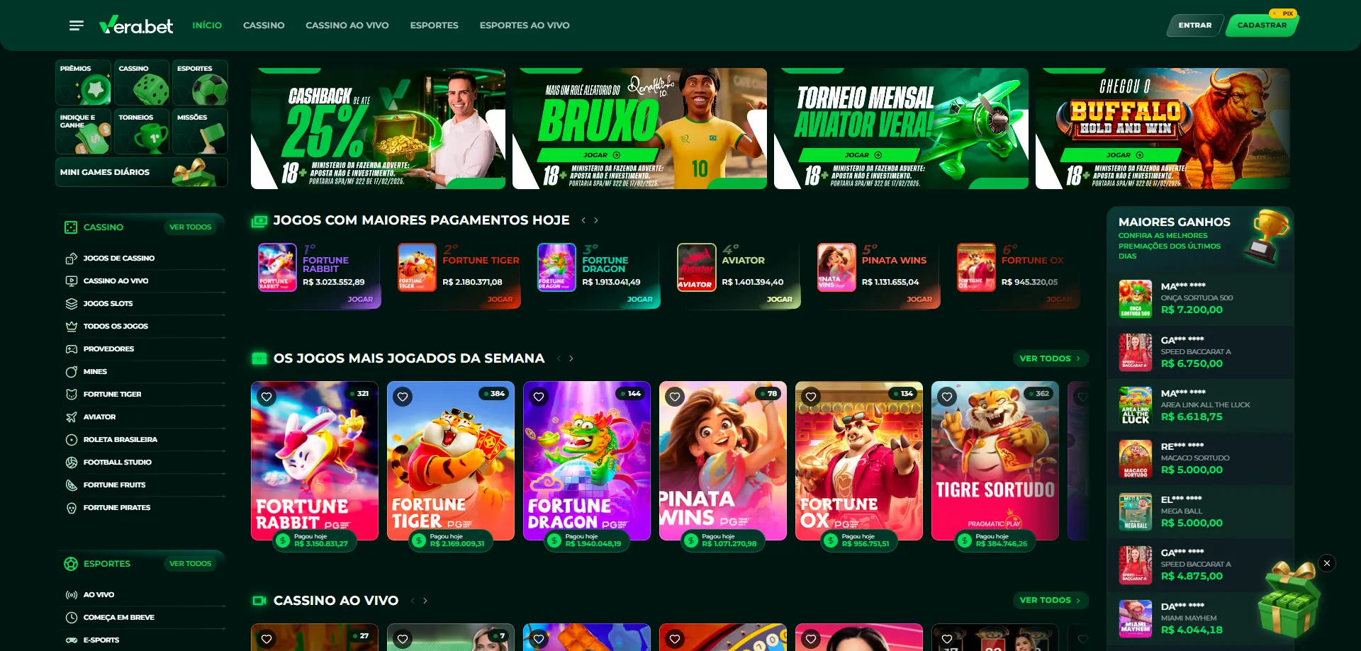 Vis&atilde;o geral da plataforma Verabet Casino no Brasil