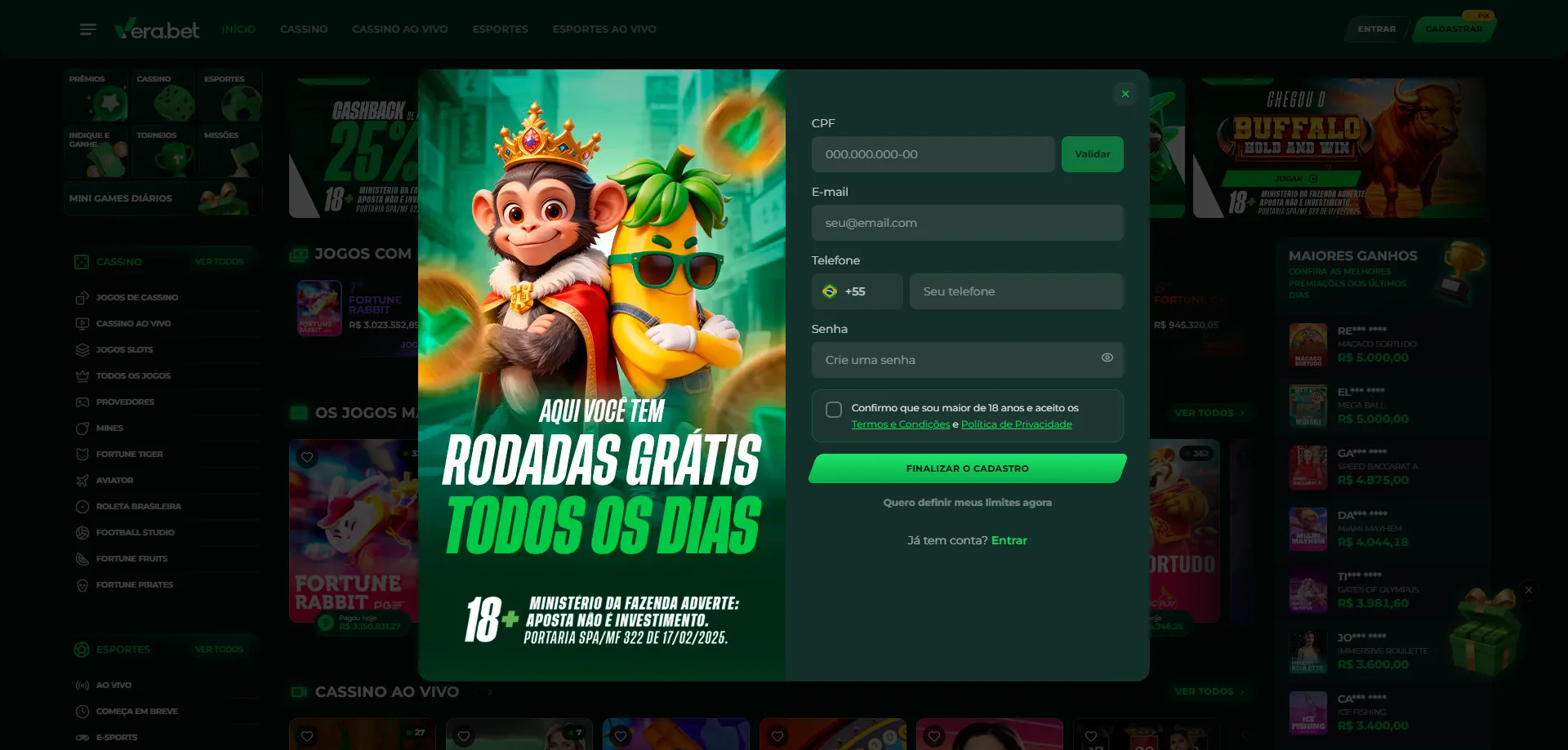 Como se cadastrar na plataforma Verabet Casino BR